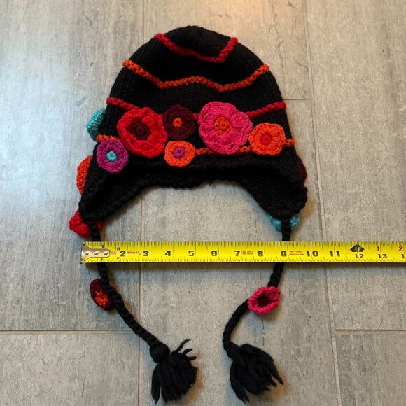 Saks Fifth Avenue Floral Wool Knit Tassel Hat with Ear Flaps Black One Size - Picture 5 of 6